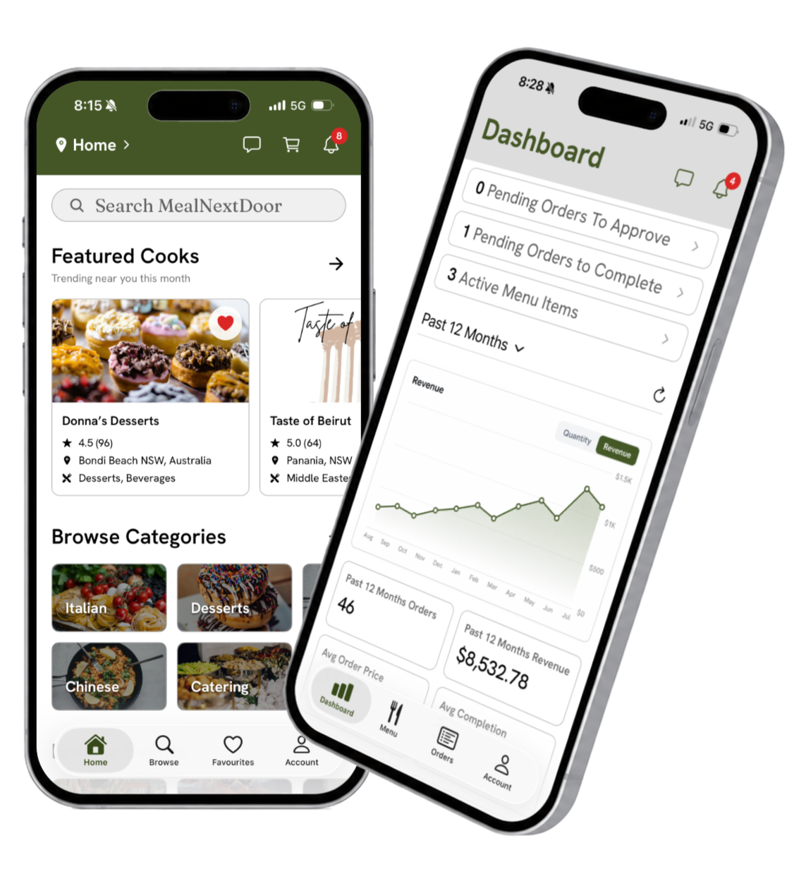 The MealNextDoor app on two phones: a customer browsing cooks nearby, and a cook's dashboard.