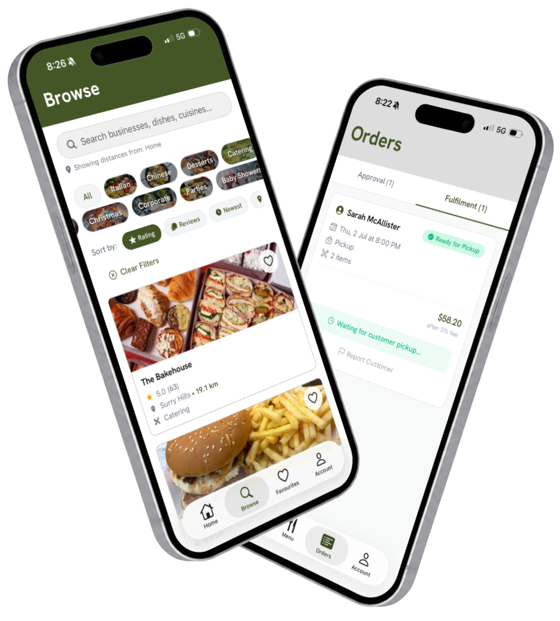 MealNextDoor browse screen listing nearby cooks, beside a cook's orders screen.