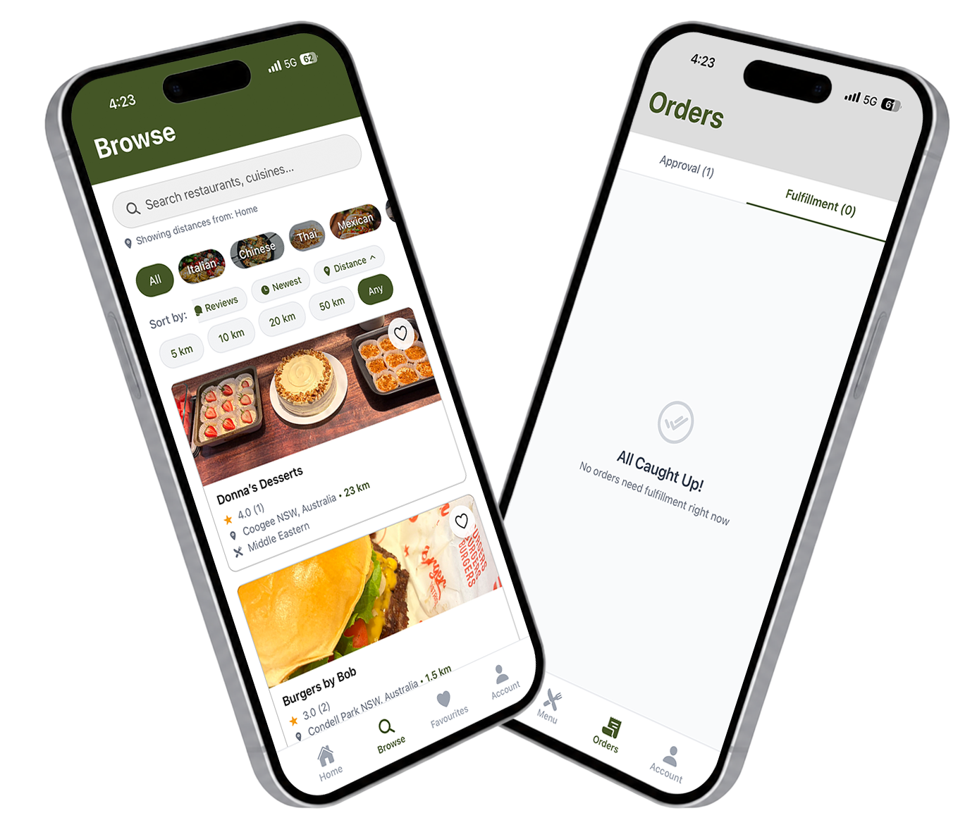 MealNextDoor app screens showing nearby cooks and a dish detail view.